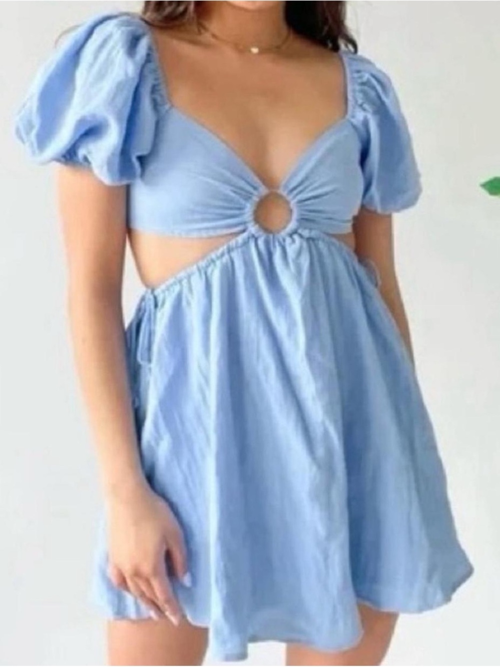 Sky Blue Puff-Sleeve Ring-Front Mini Dress